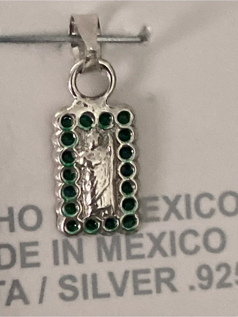 Sterling Silver 925 Green Saint Jude Rectangular Pendant & Stud Earrings Set